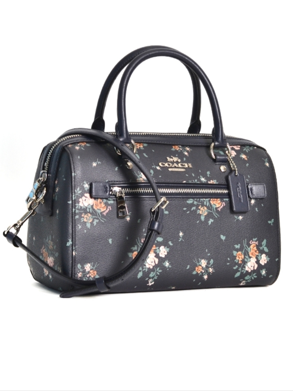 Coach Rowan mightnight navy rose bouquet floral dome satchel bag - Picture 2 of 13